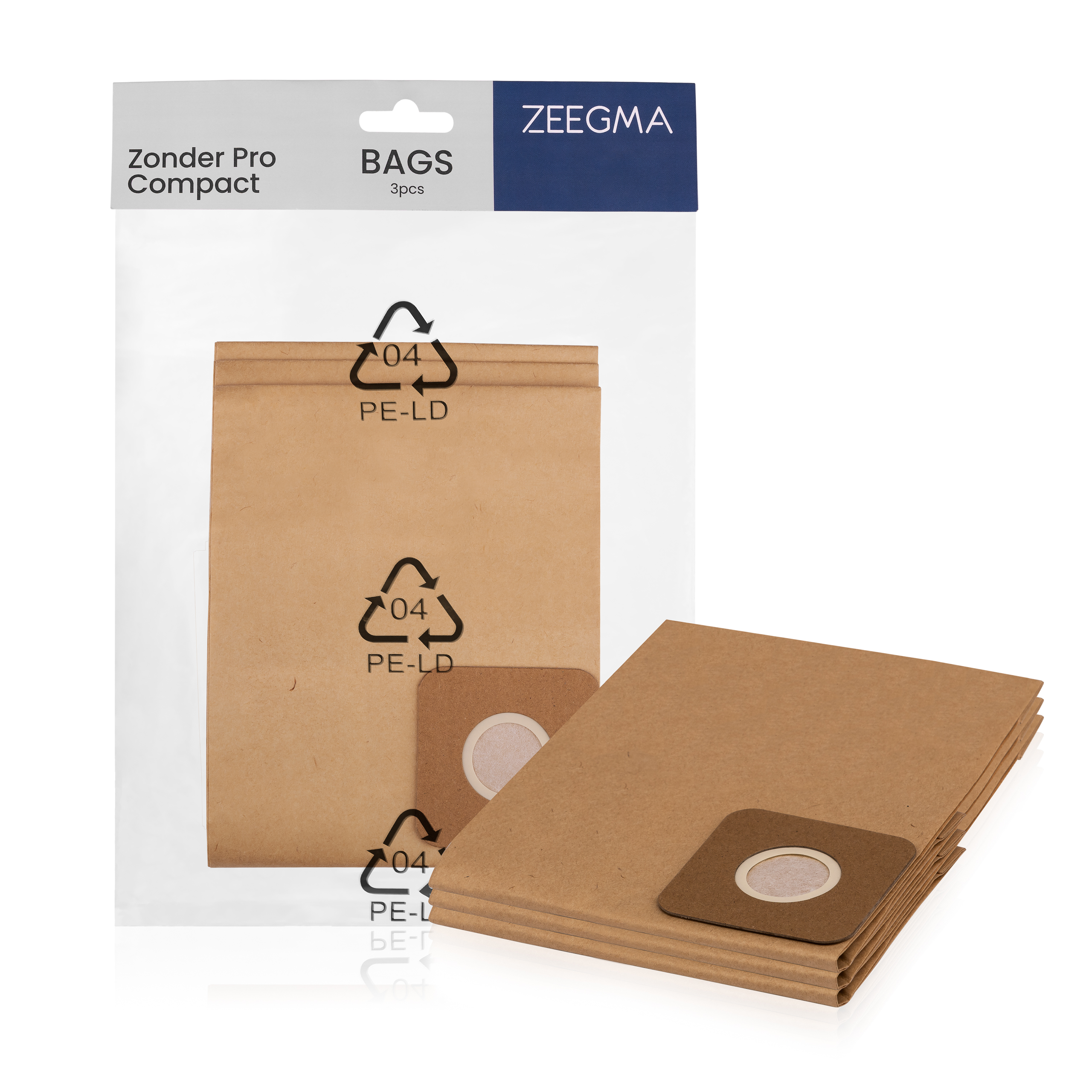 Opakowanie worków do odkurzacza. Zawiera trzy brązowe papierowe worki.