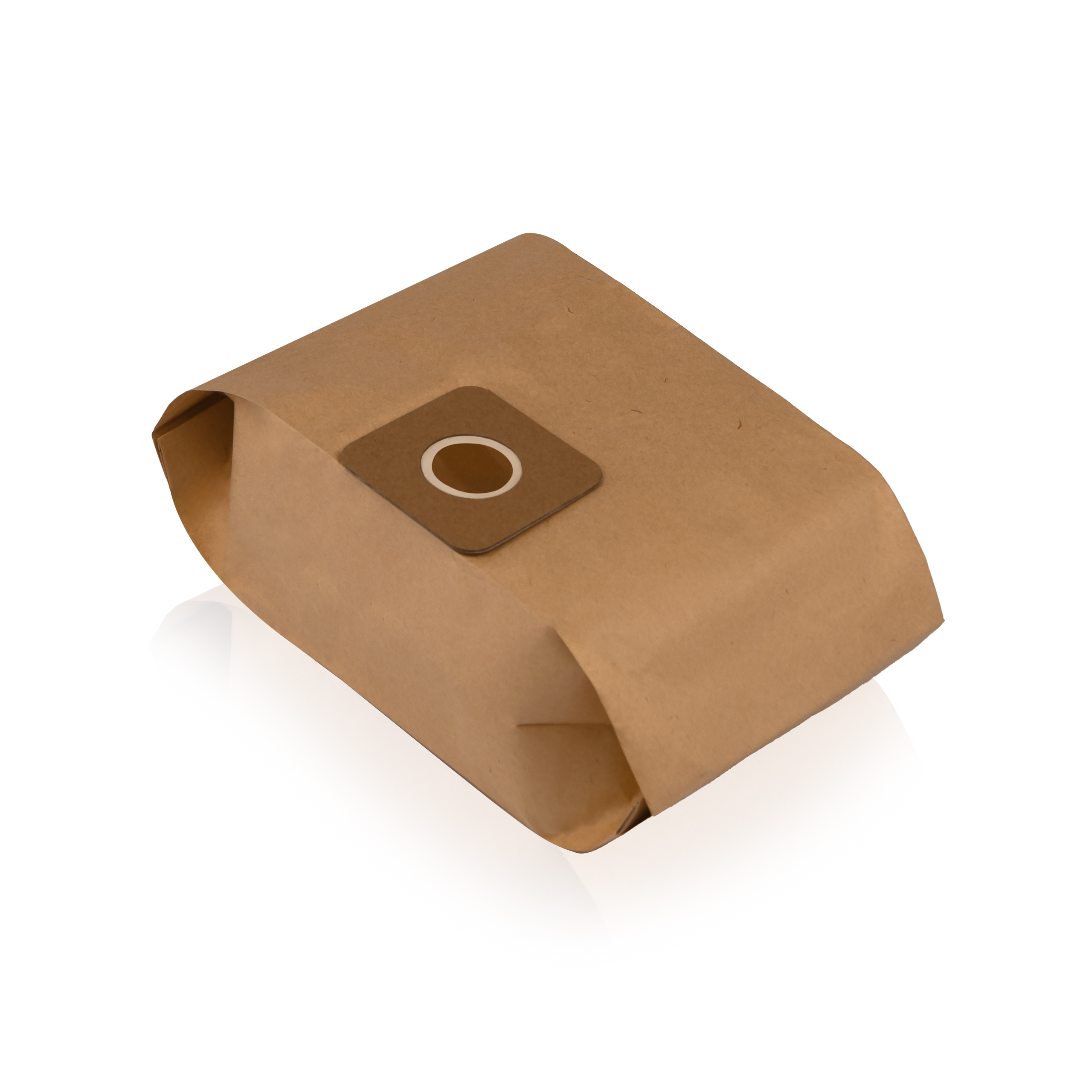 Brązowy papierowy worek do odkurzacza, zapieczętowany i złożony, na białym tle z lekkim odbiciem.