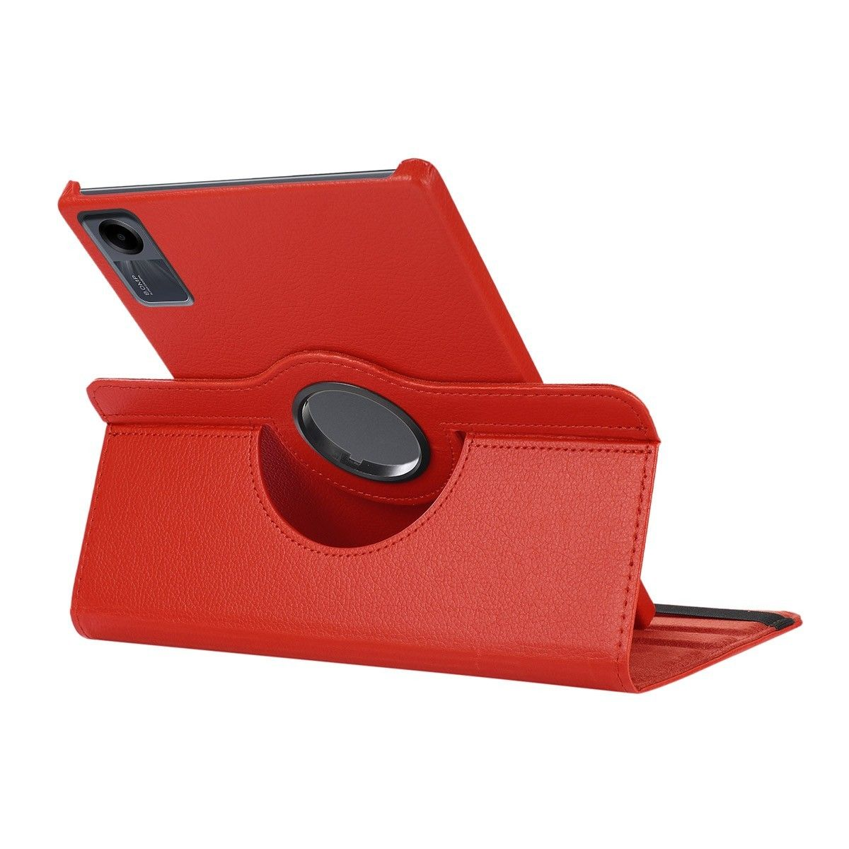 Funda de tableta roja con una tableta dentro, en posición de soporte.