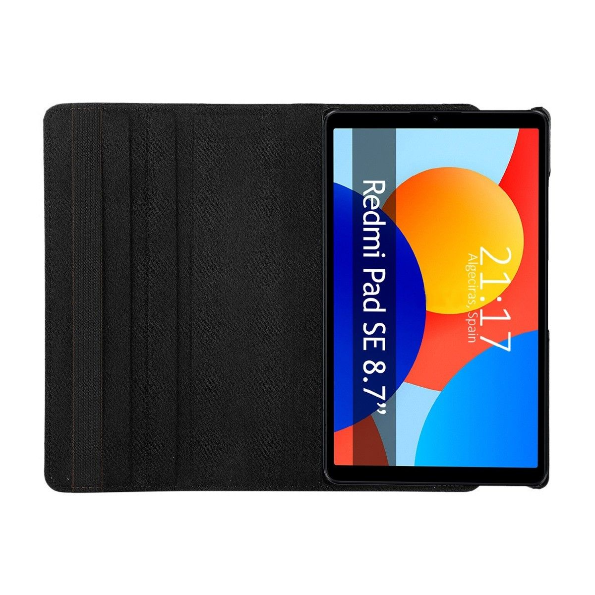 Tableta negra en una funda negra. La pantalla muestra la hora y un gráfico colorido.