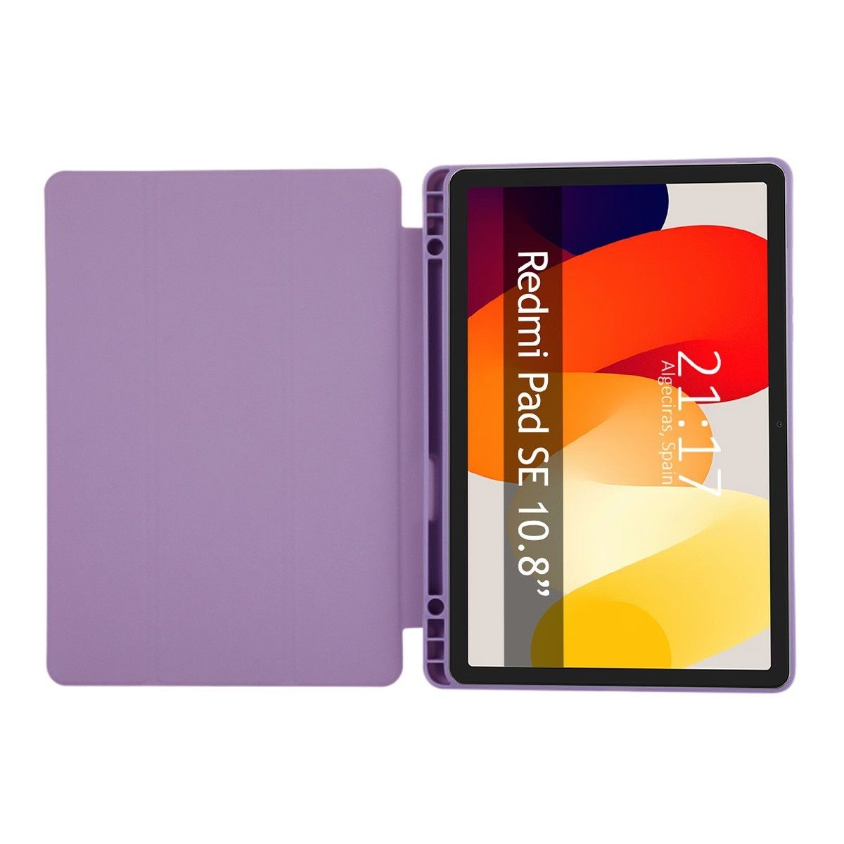 Tableta morada con funda. La pantalla muestra un reloj que indica las 21:17.