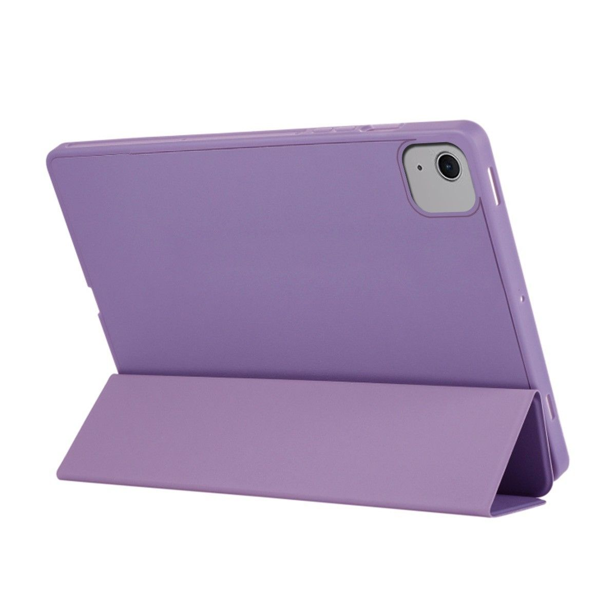 Funda de tableta morada con soporte. La funda está parcialmente abierta, mostrando la parte posterior de la tableta.