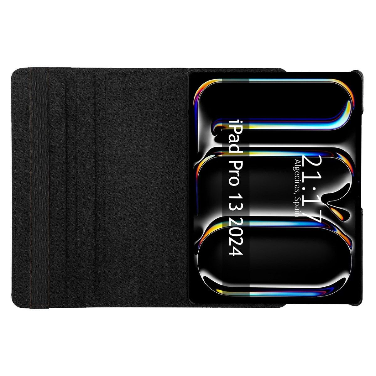 iPad Pro 13 2024 en una funda negra. La pantalla está encendida, mostrando la hora y Algeciras, España.