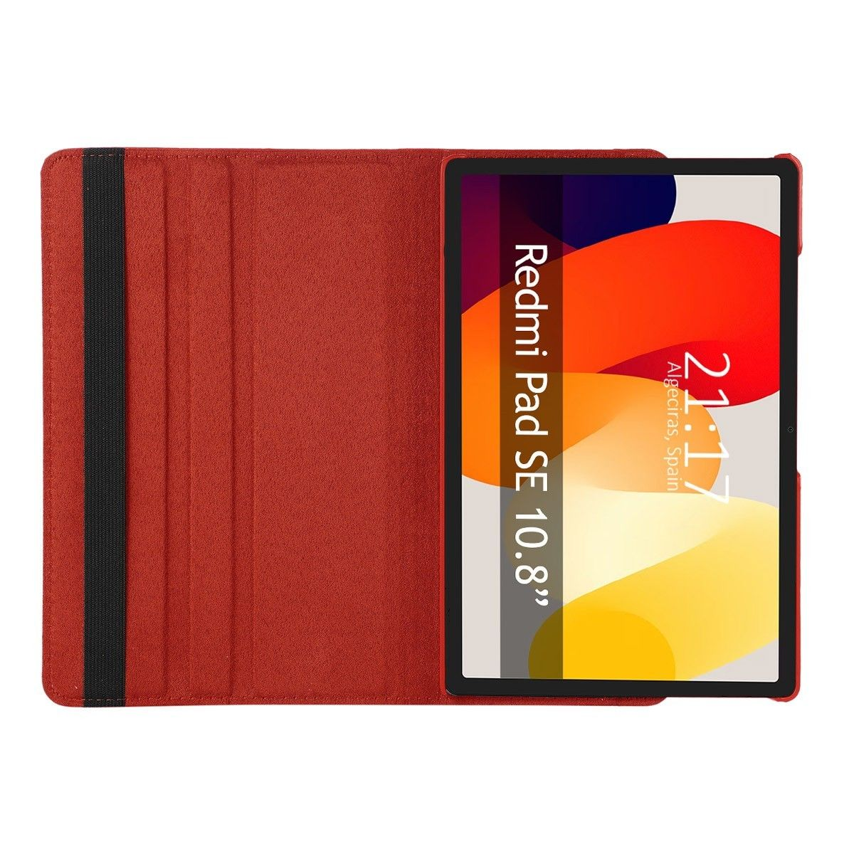 Tableta Redmi Pad SE 10.8" en funda roja. La pantalla muestra la hora y una imagen colorida.