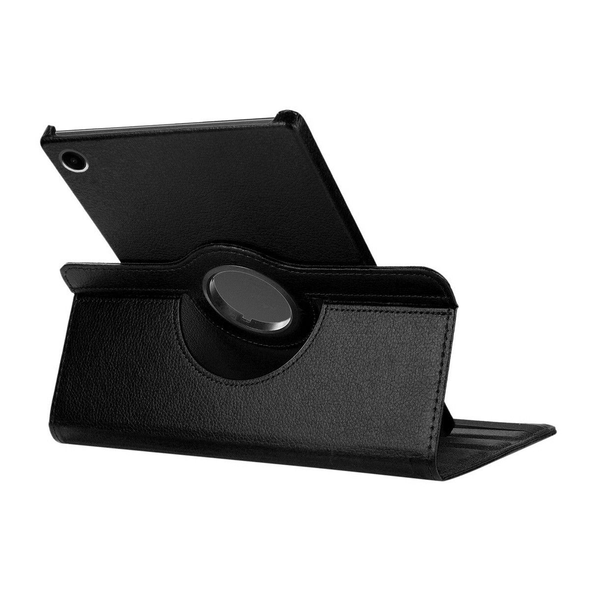 Custodia nera per tablet. Il tablet è nella custodia ed è appoggiato.