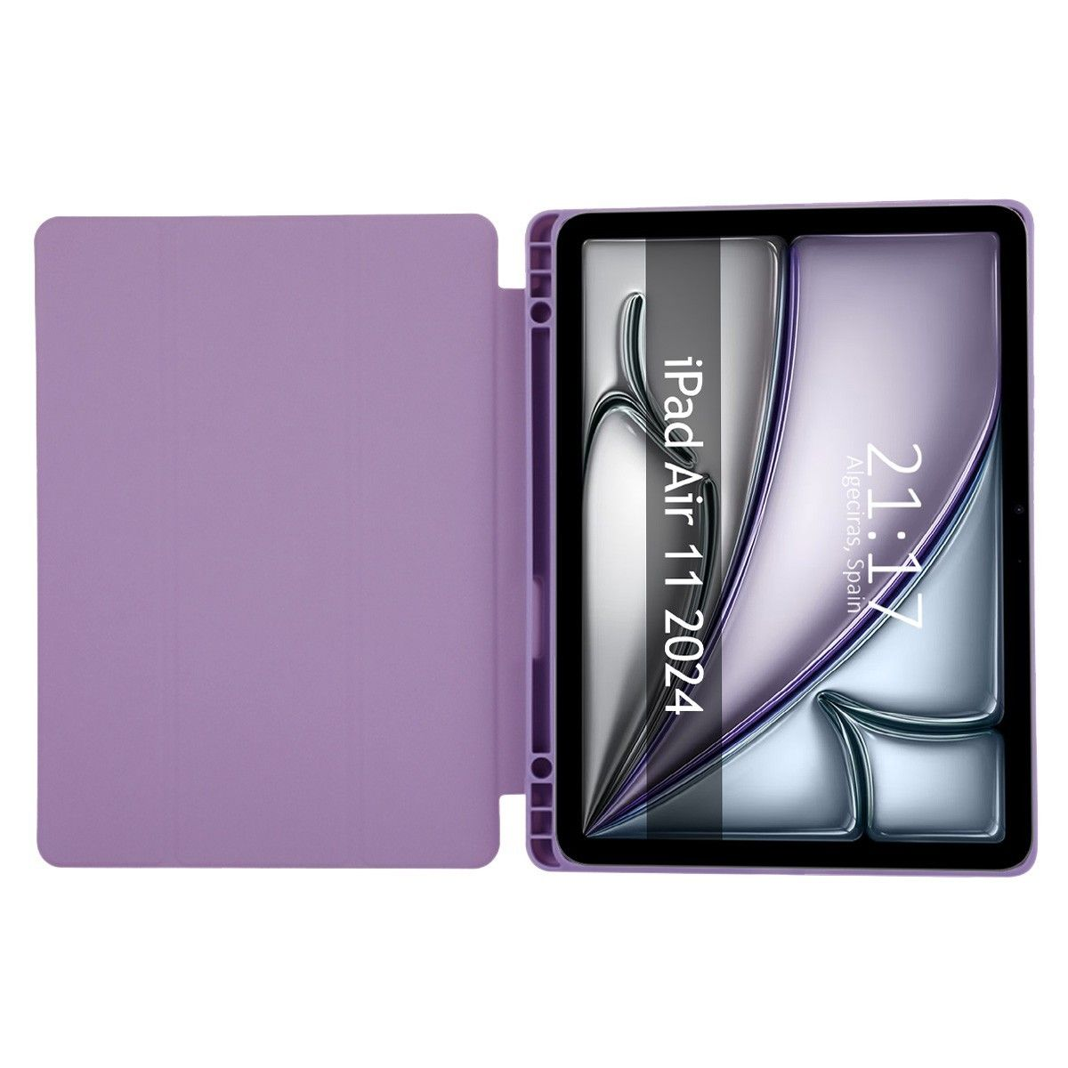 Funda morada de iPad Air 11, abierta, mostrando la pantalla de la tableta. Muestra texto y un reloj digital, en una habitación.