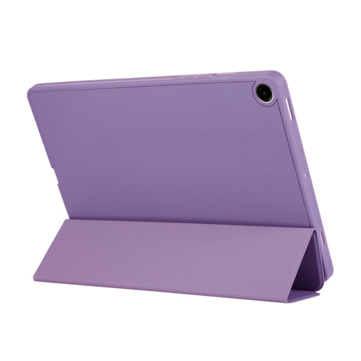 Tablet viola in una custodia, appoggiato. La custodia è piegata per creare un supporto su bianco.