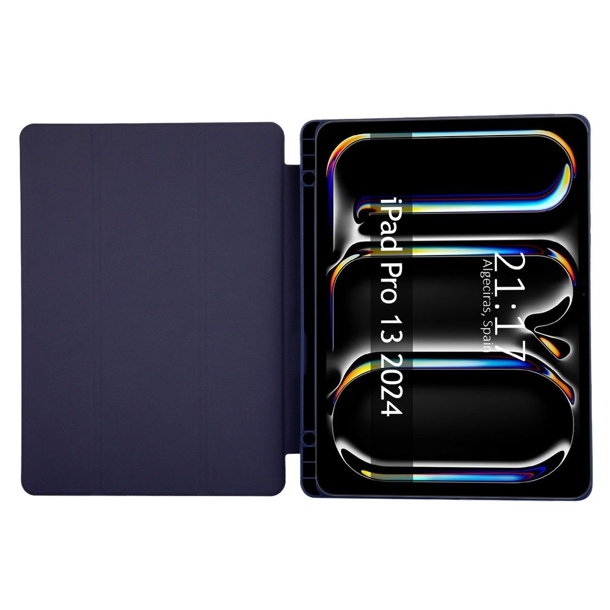 Funda de tableta azul abierta, mostrando la pantalla del iPad Pro con un reloj a las 21:17.