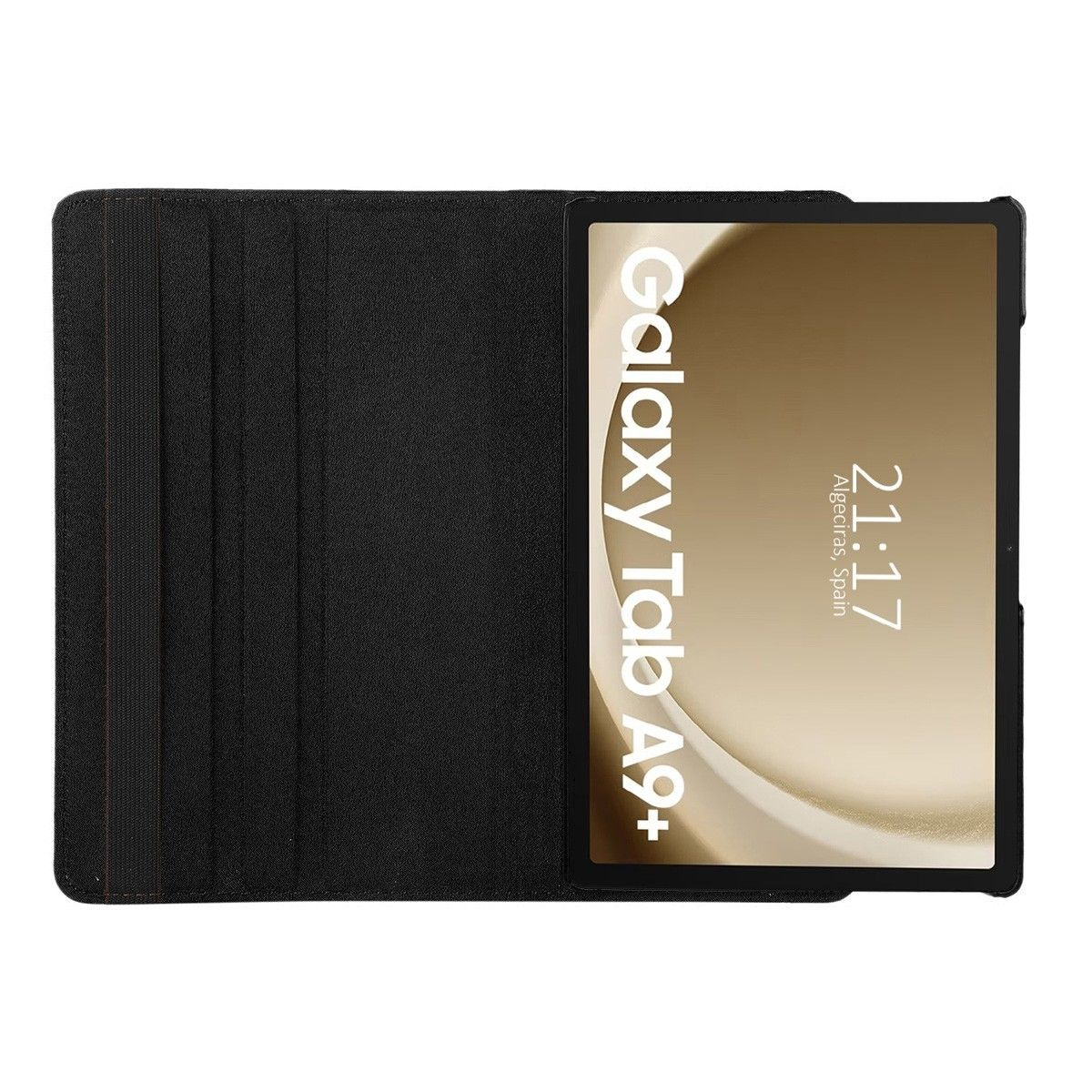 Tablet in custodia nera, mostra il testo 'Galaxy Tab A9+' su schermo beige.
