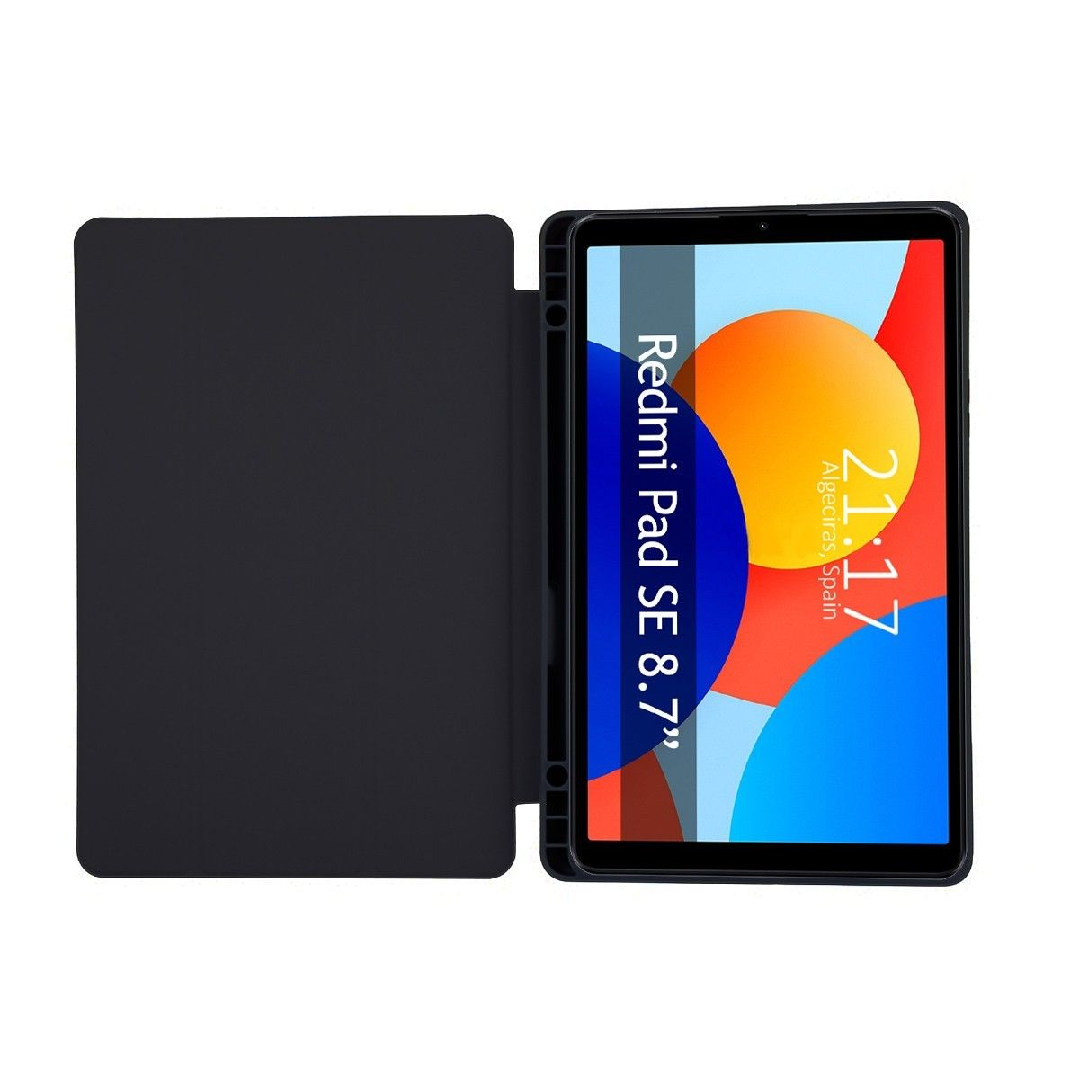 Un tablet nero con una cover nera che mostra un'interfaccia colorata. L'ora è 21:17.