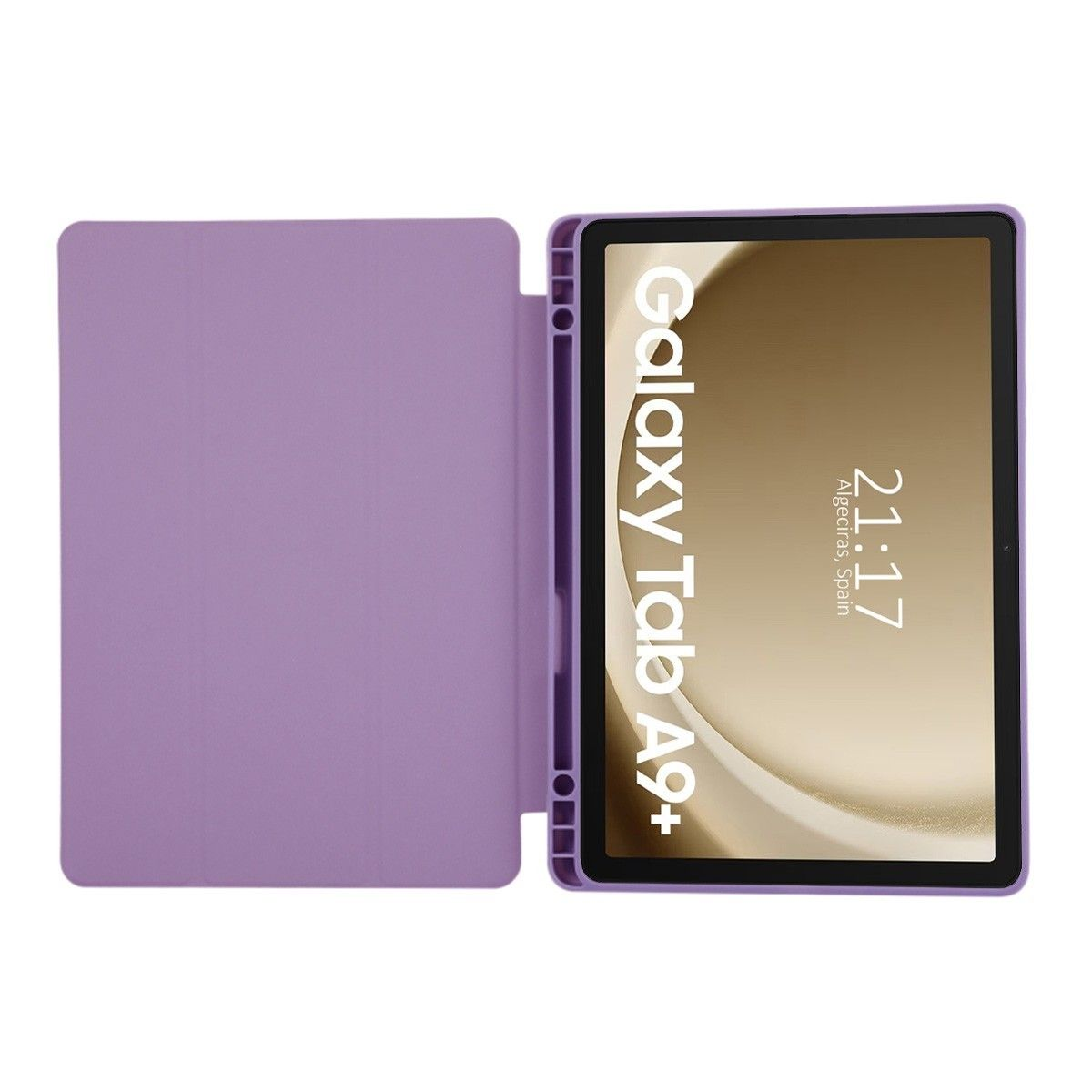 Custodia per tablet viola con tablet che mostra l'ora e "Galaxy Tab A9+".