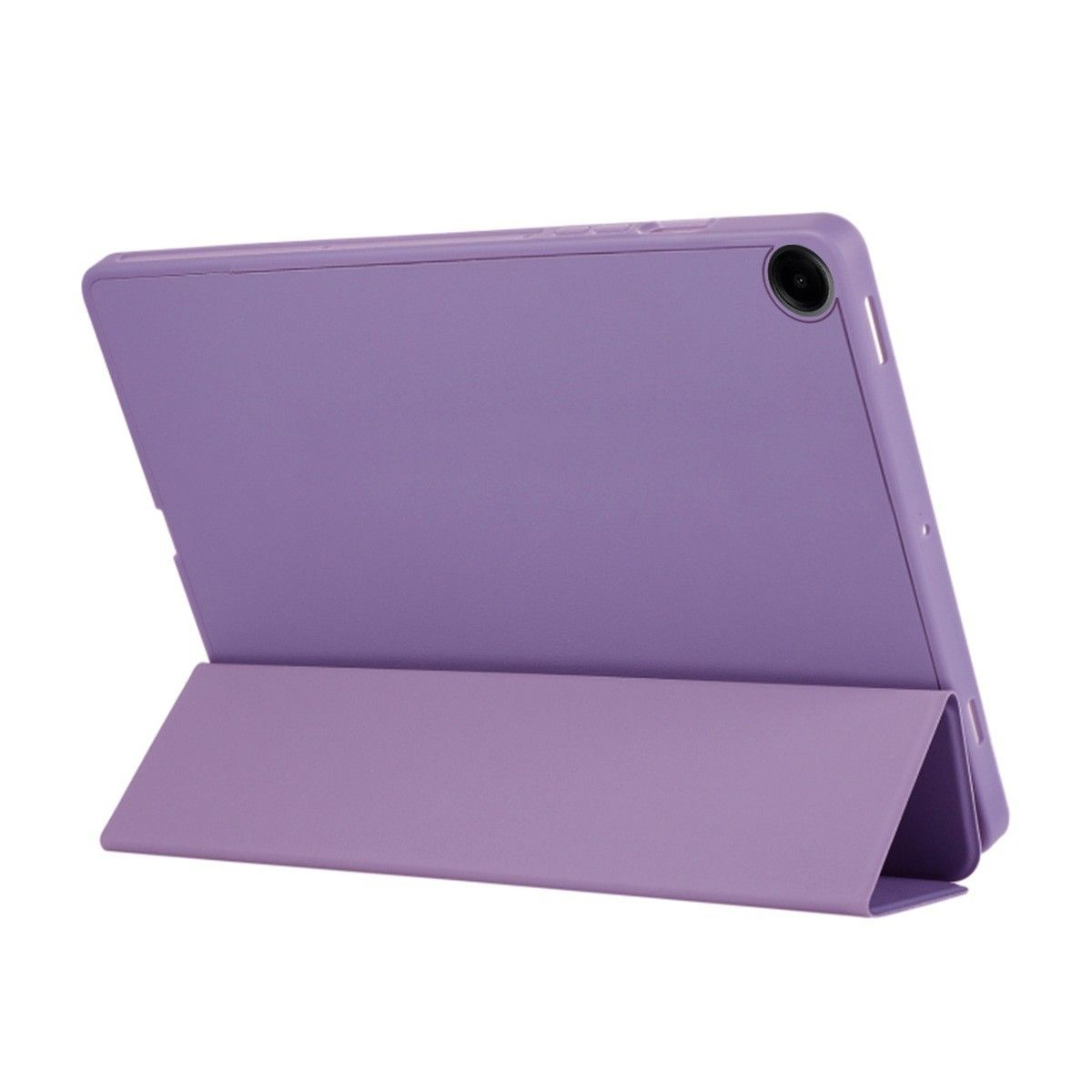 Tablet viola in una custodia viola. La custodia ha un supporto per sostenere il tablet. L'obiettivo della fotocamera è visibile.