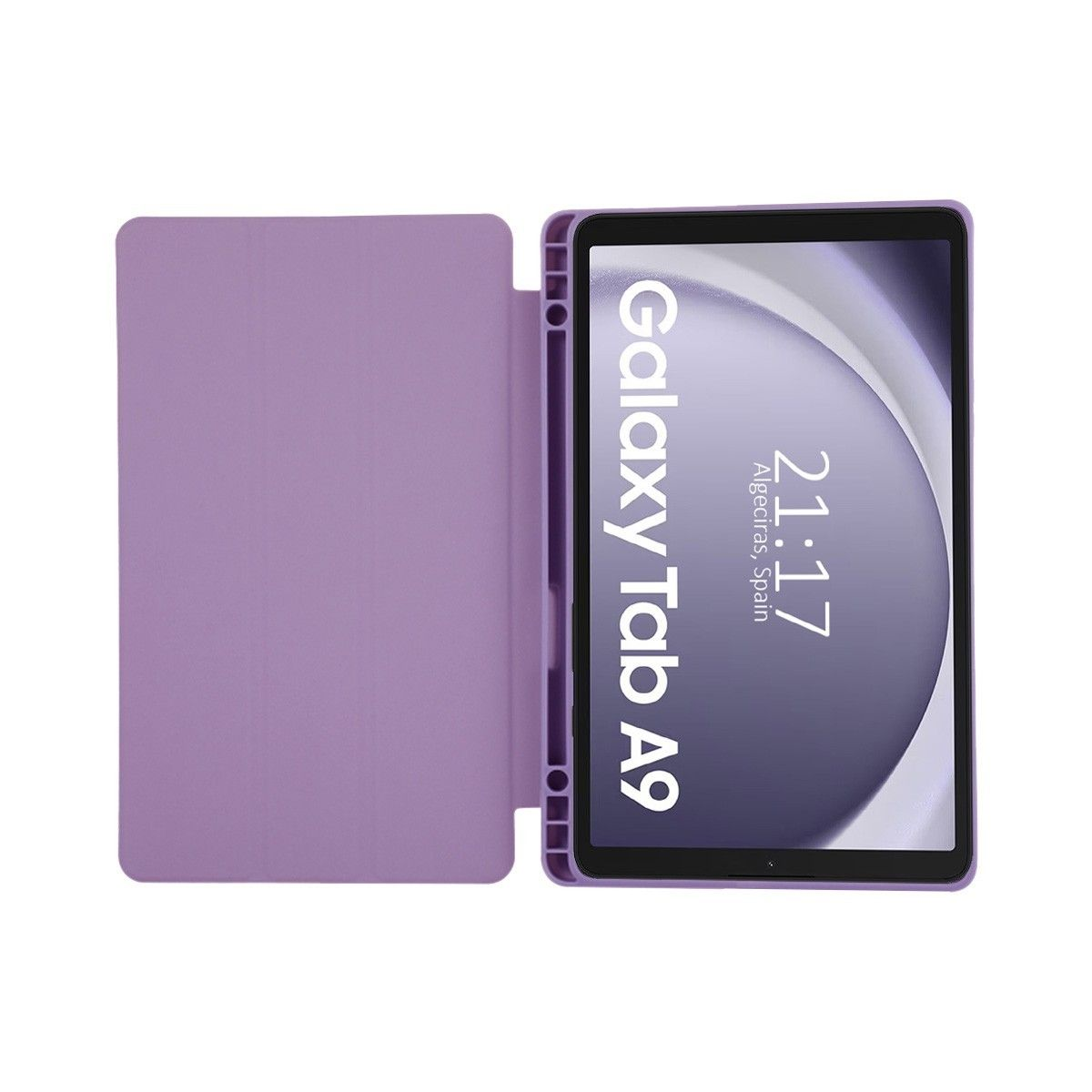 Tablet viola con custodia aperta, mostra ora e città. Scritto Galaxy Tab A9.