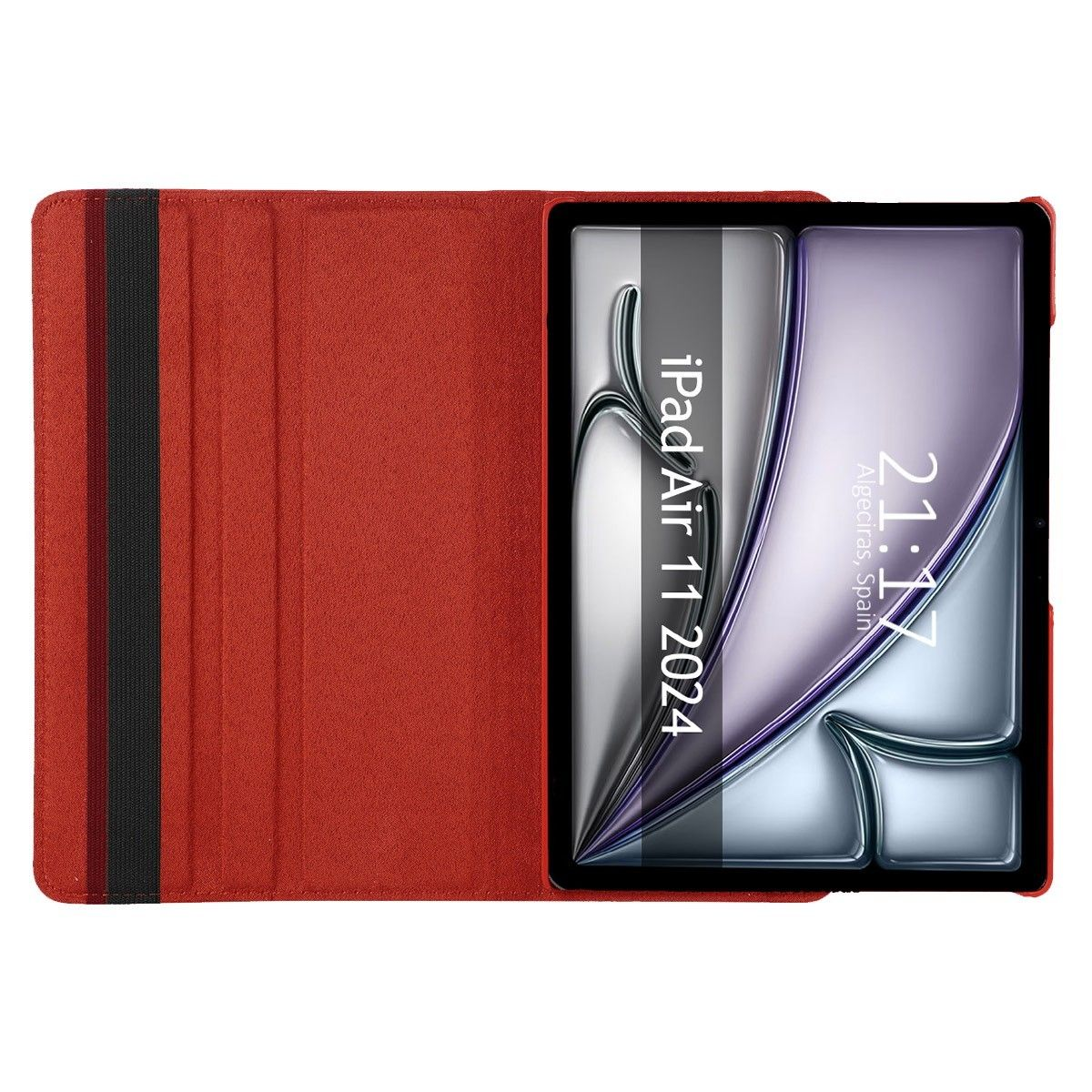 Funda roja de iPad Air 11 2024 abierta, mostrando la pantalla de la tableta con la hora.