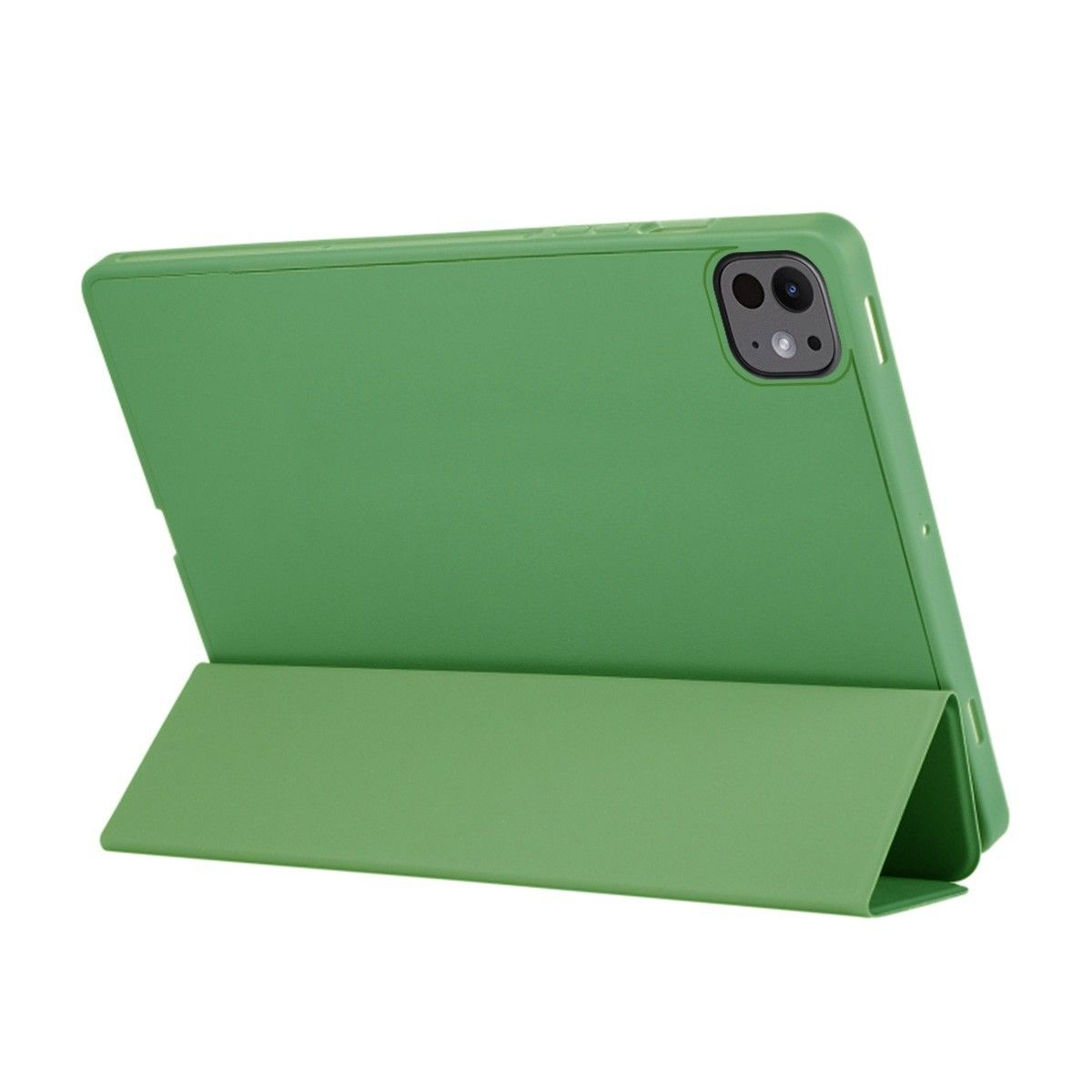 Custodia per tablet verde con funzione stand. La custodia è piegata per sostenere il tablet.