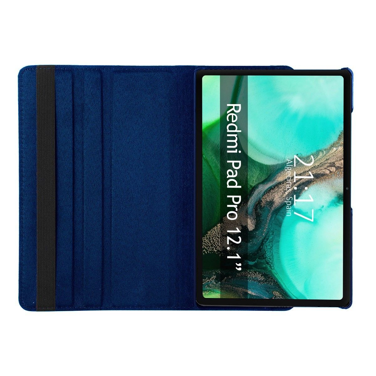 Funda de tableta azul abierta, mostrando una tableta con el texto 'Redmi Pad Pro 12.1"'.