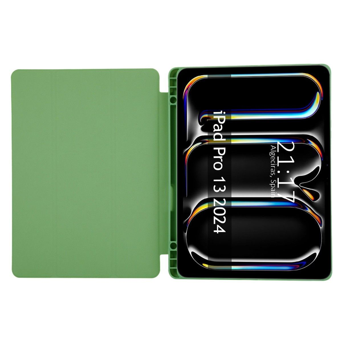 Funda verde de iPad abierta, mostrando la pantalla con texto sobre fondo blanco.