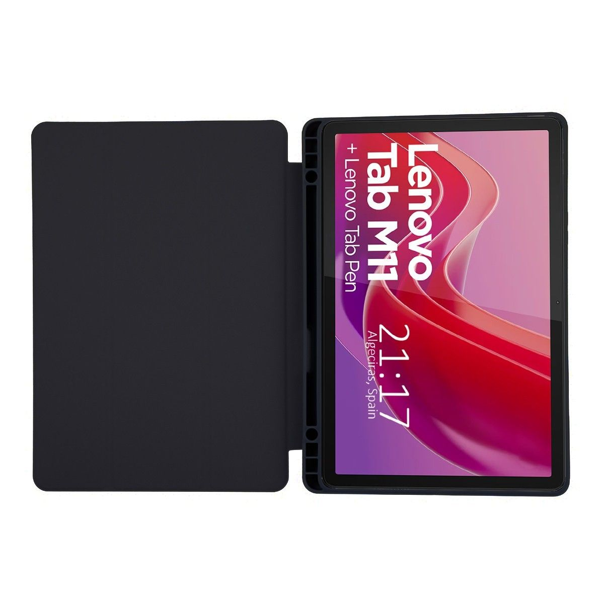 Tablet con cover nera. Lenovo Tab M11 sullo schermo. Sfondo bianco.