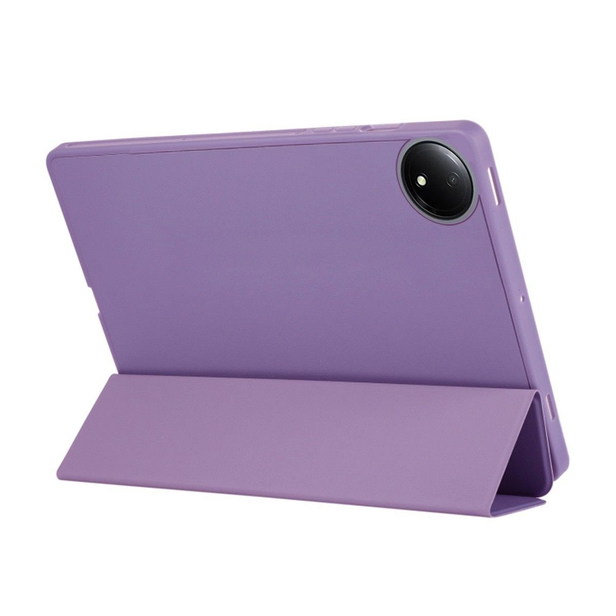 Tableta morada con funda. La funda está doblada para servir de soporte. La lente de la cámara es visible.