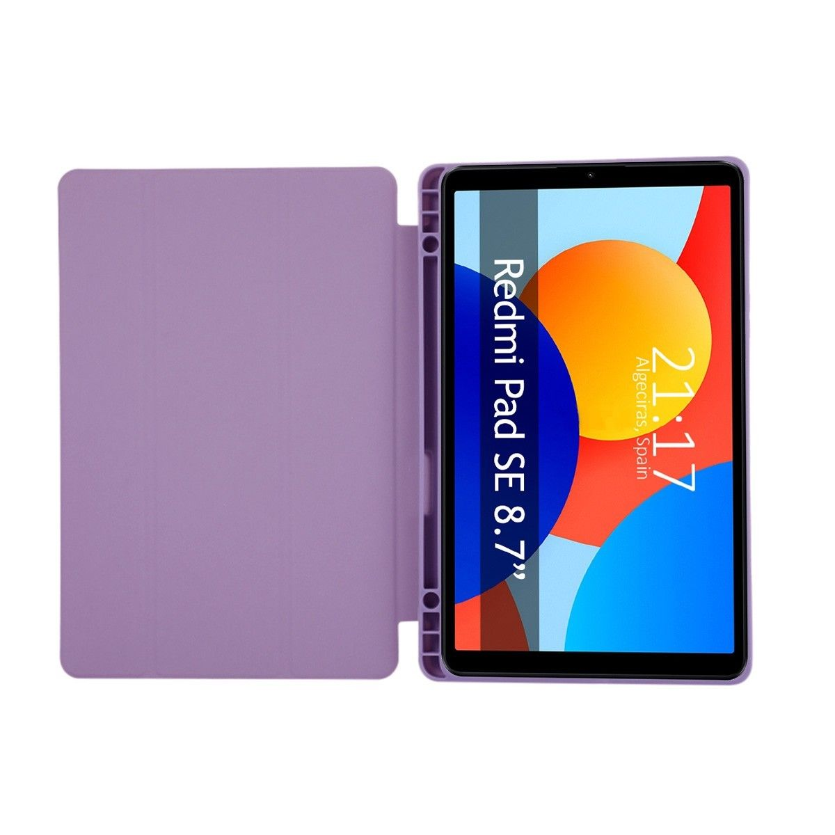 Tableta Redmi Pad SE morada con funda morada, abierta. La tableta muestra hora y fecha.
