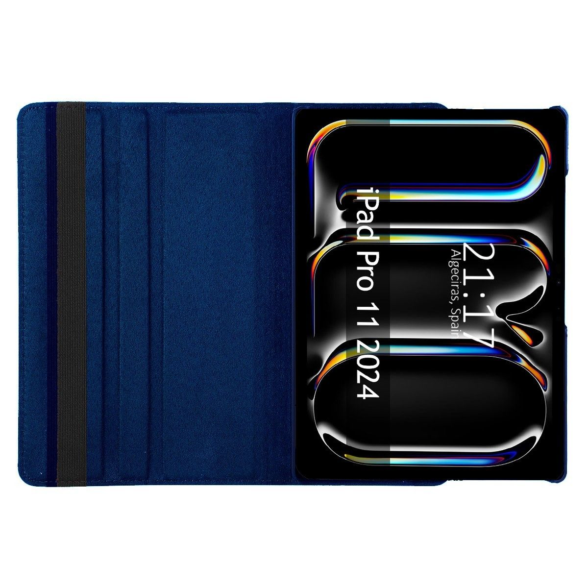 Tableta en funda azul, mostrando hora y fecha en pantalla negra.