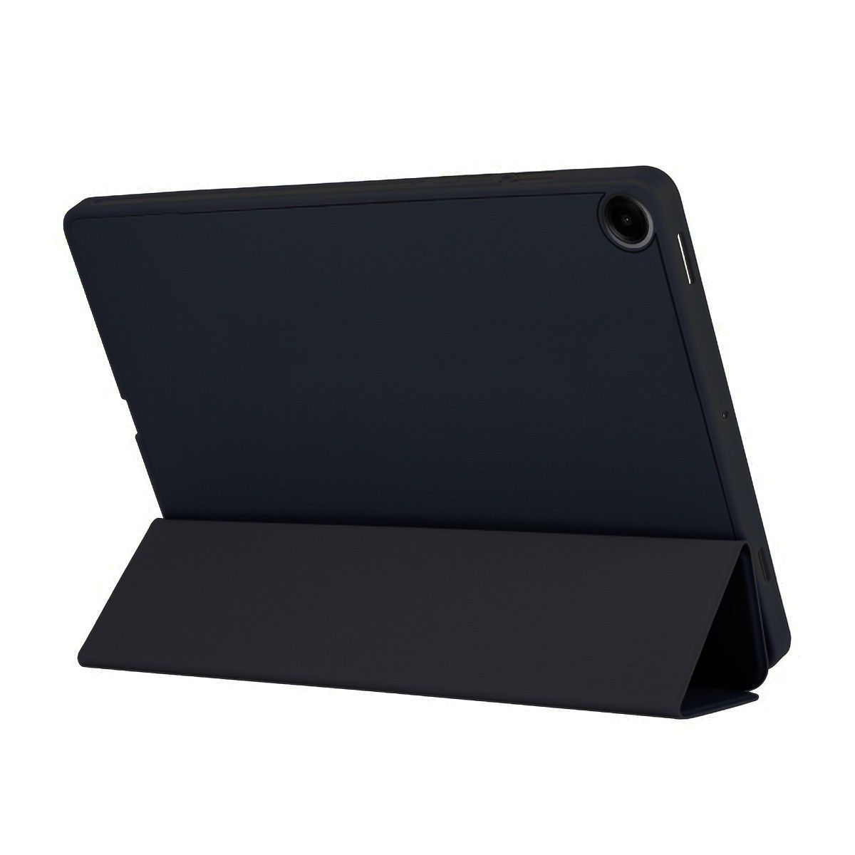 Tablet nero in una custodia nera con supporto pieghevole. L'obiettivo della fotocamera è visibile.