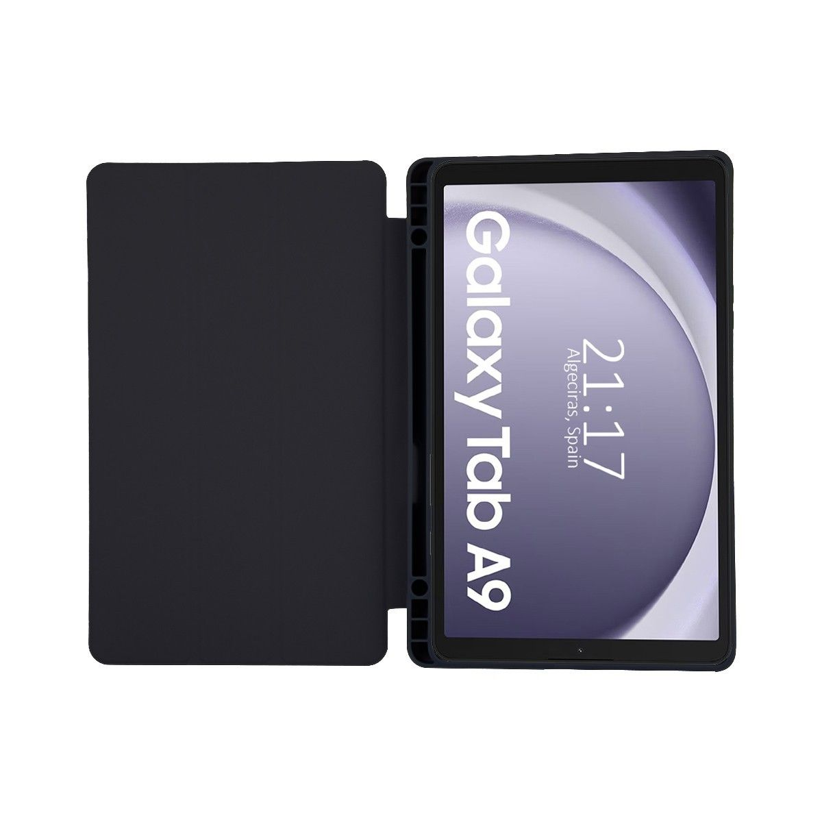 Tablet nero in custodia, con schermo Galaxy Tab A9 che mostra ora e data.