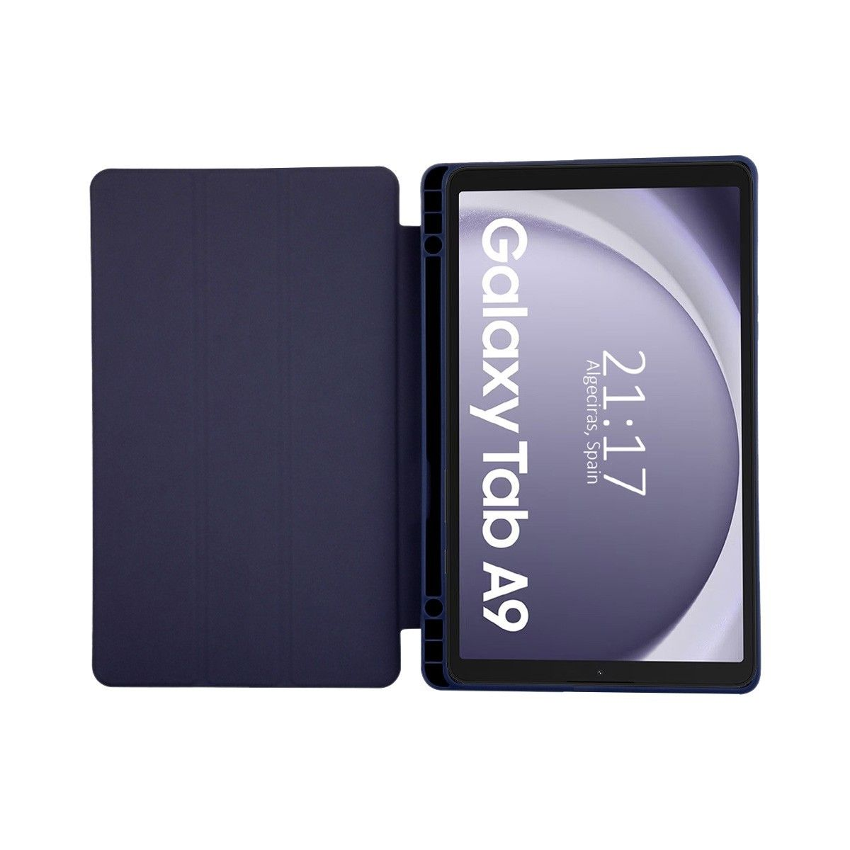 Tablet blu con custodia blu scuro, il tablet mostra l'ora e la posizione.