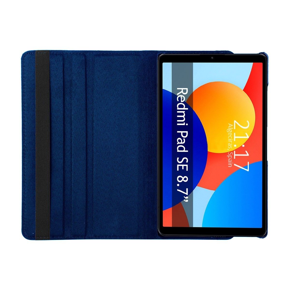 Funda azul para tableta con tableta. La tableta muestra hora y fecha.