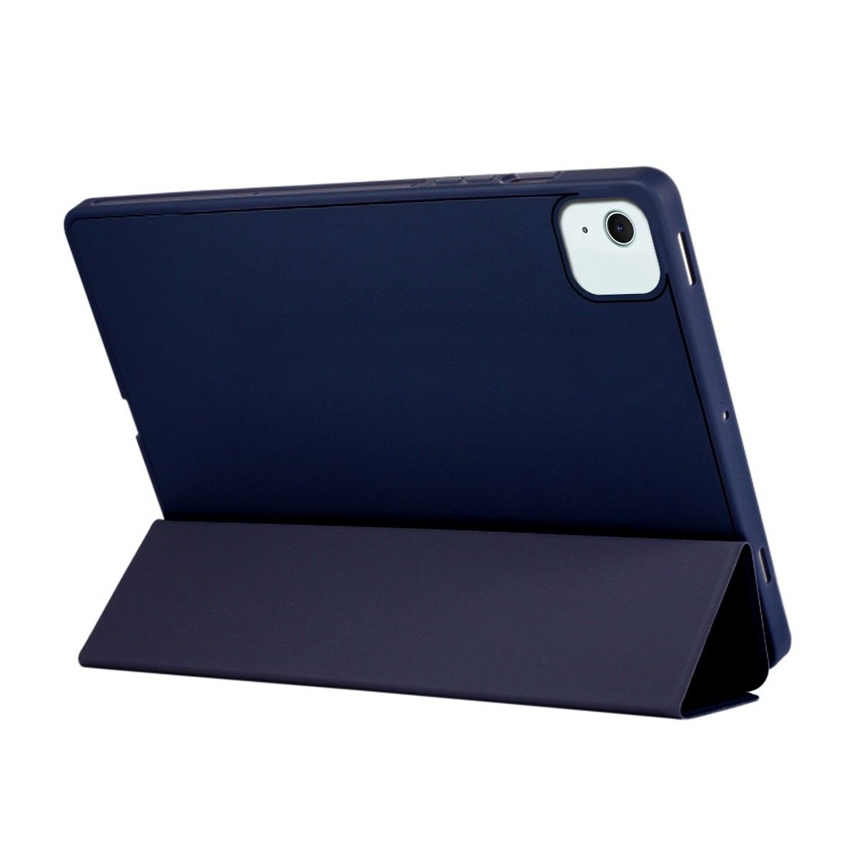 Funda de tableta azul marino con una tableta dentro. La funda está abierta, con la tableta en ángulo.