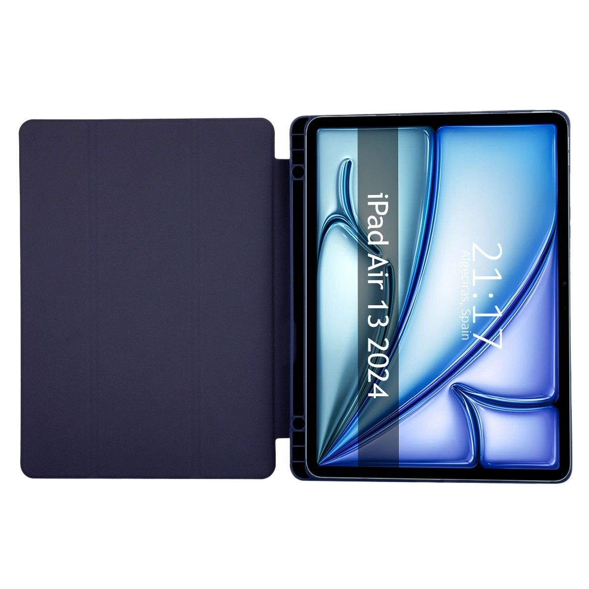 Funda azul para tableta con tapa abierta. Tableta muestra 'iPad Air 13 2024' y la hora.