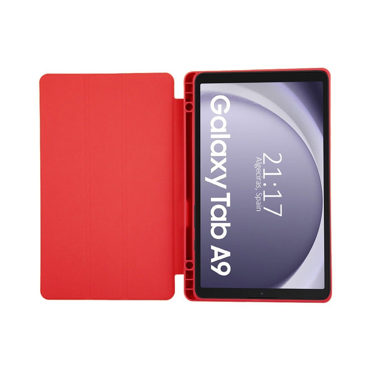 Tablet rosso in una custodia rossa, lo schermo mostra 'Galaxy Tab A9' con un orario.
