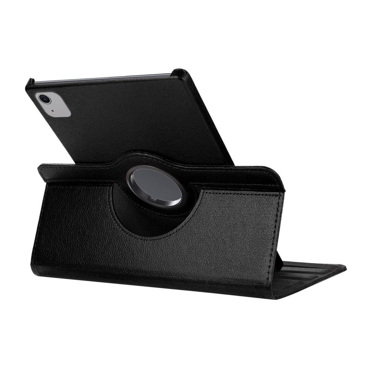 Tableta negra en una funda de cuero negro, en ángulo sobre un soporte. Un anillo plateado está en el soporte.