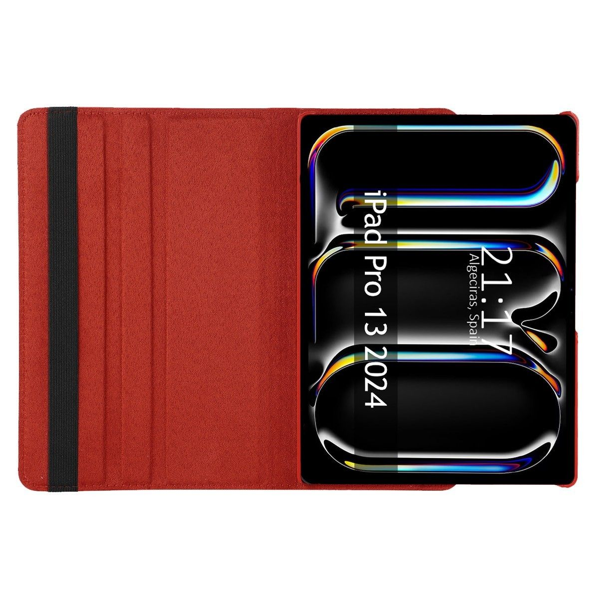 Funda de tableta roja abierta mostrando una pantalla con fondo colorido, hora y ubicación.
