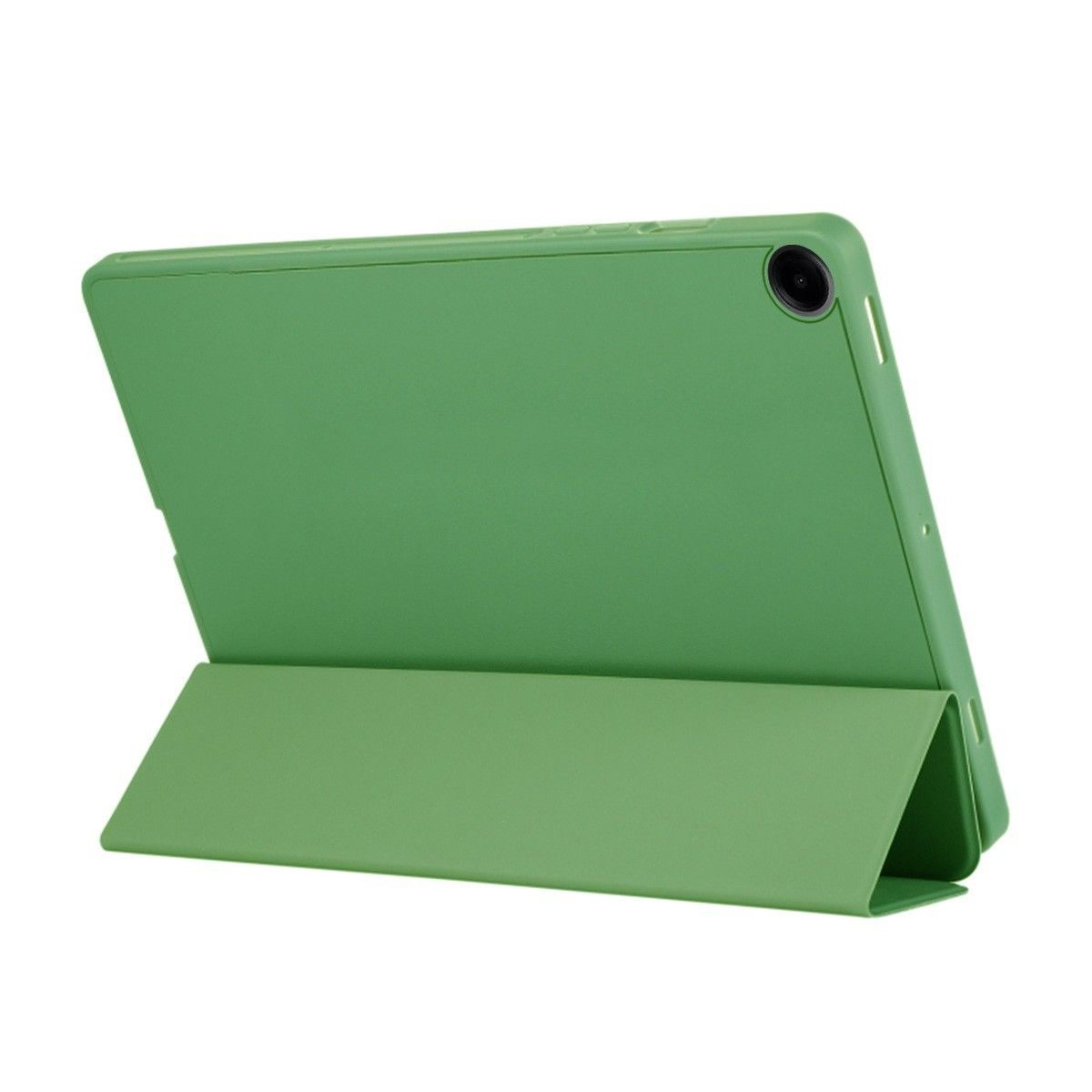 Custodia per tablet verde con supporto. Tablet visibile. Sfondo bianco.
