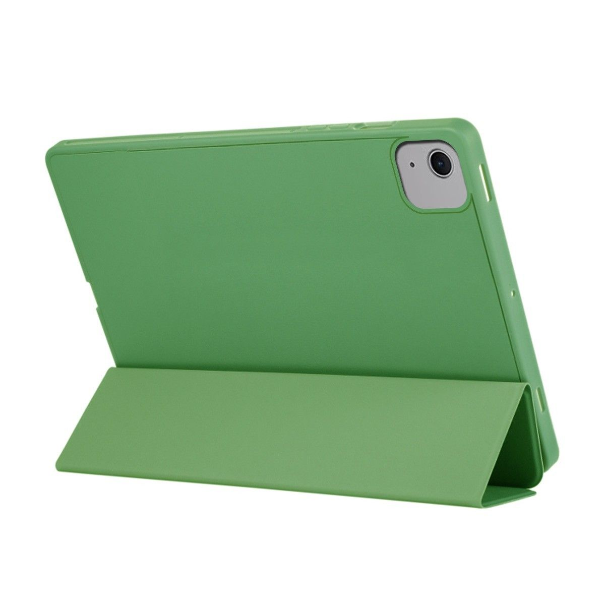 Tableta verde con funda verde. La funda está doblada para sostener la tableta.