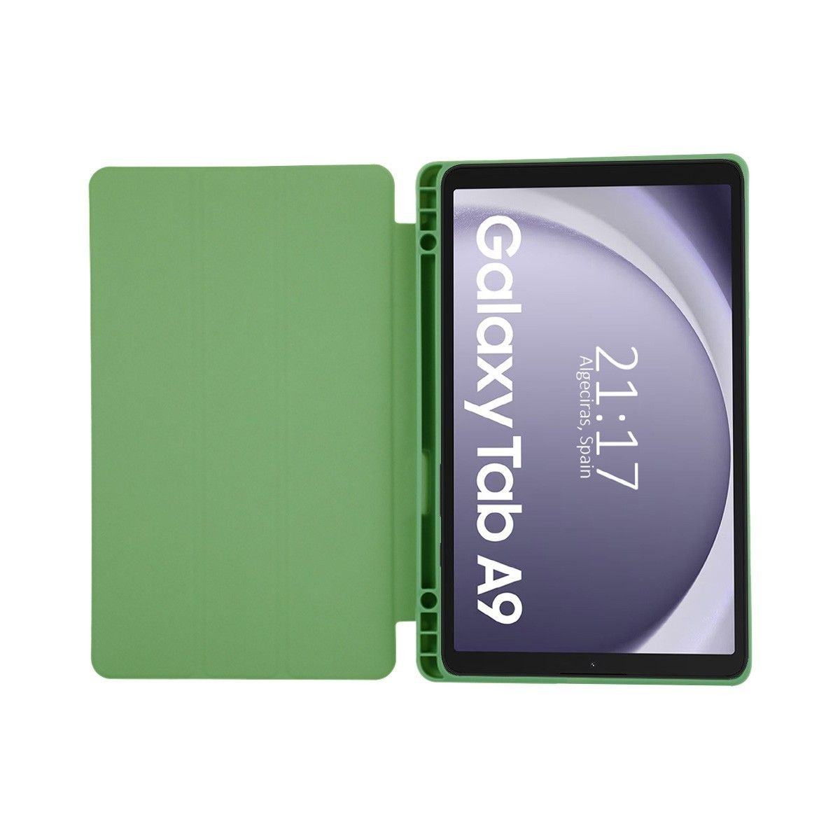 Custodia per tablet verde aperta. Il tablet mostra ora e data.
