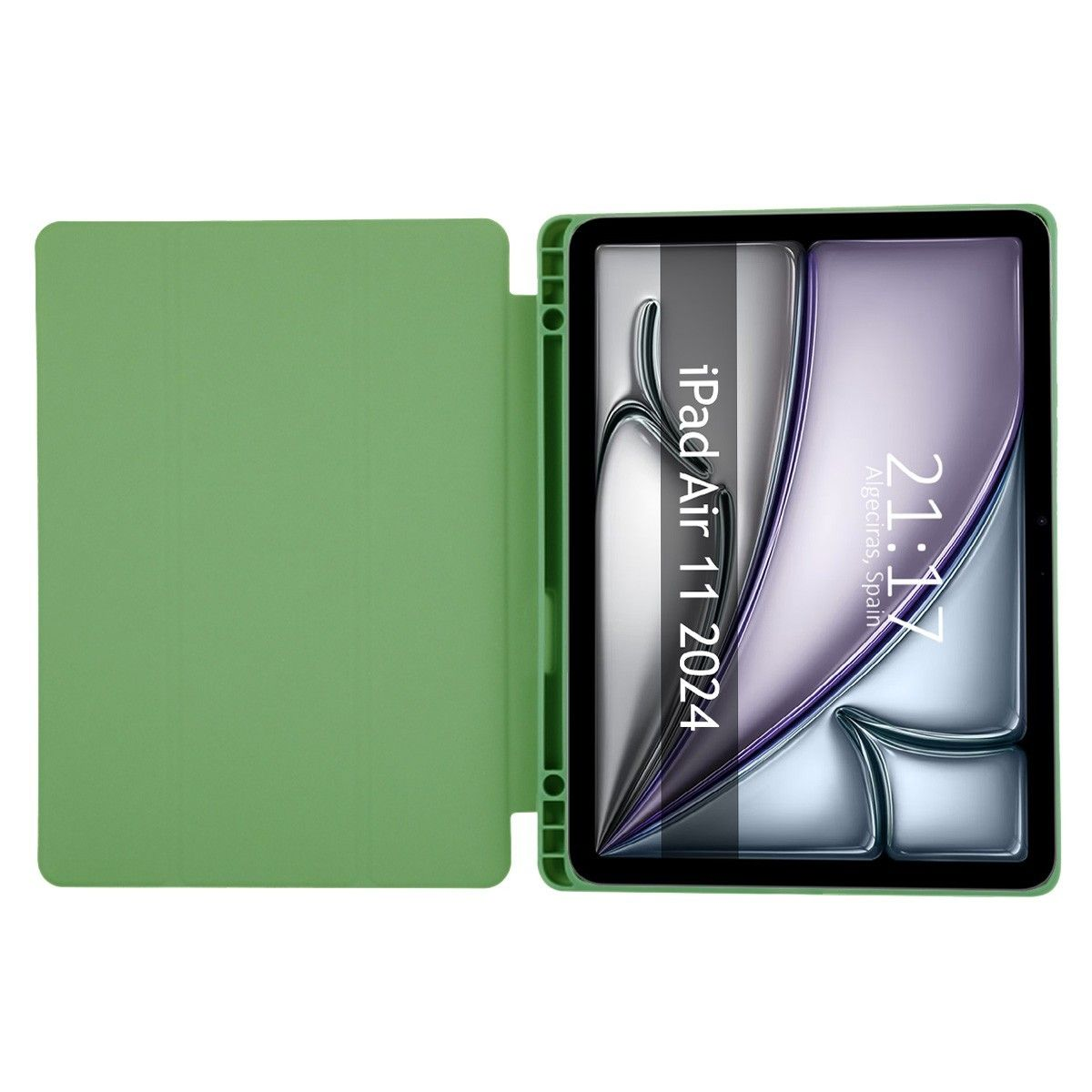 Funda verde para tablet con tapa abierta, mostrando la pantalla con texto.