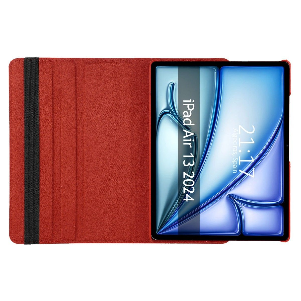 Funda roja para tableta con una tableta dentro. Fondo blanco.