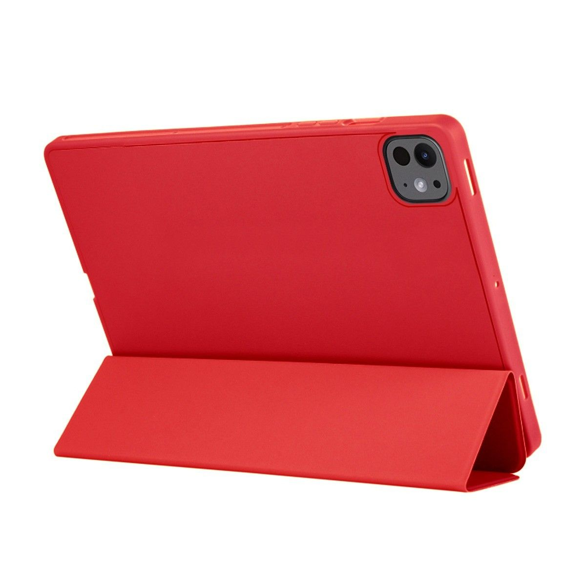 Tableta roja en funda roja, abierta y en ángulo. La cámara es visible en la parte trasera.