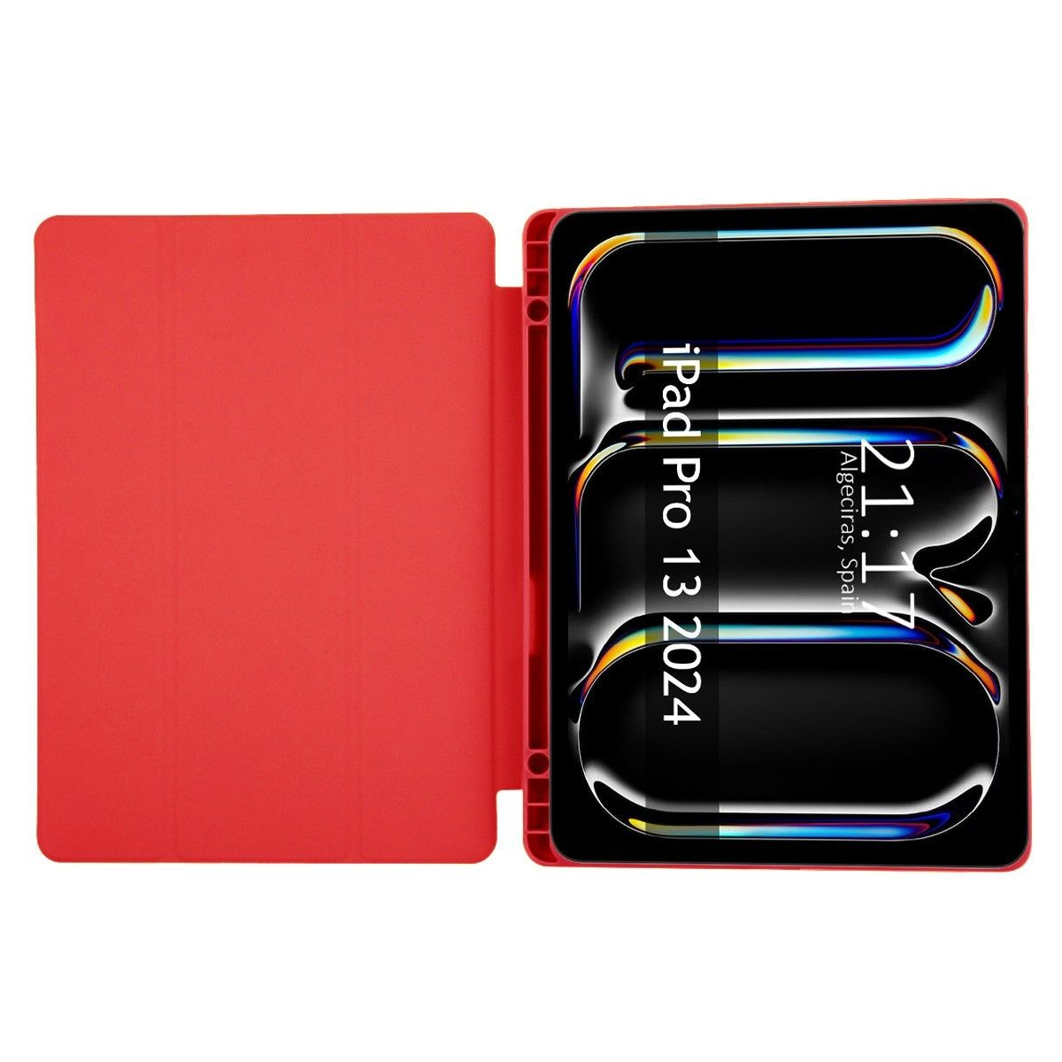 Tableta roja en una funda roja abierta para revelar una pantalla negra. Se muestra la hora y la ciudad.