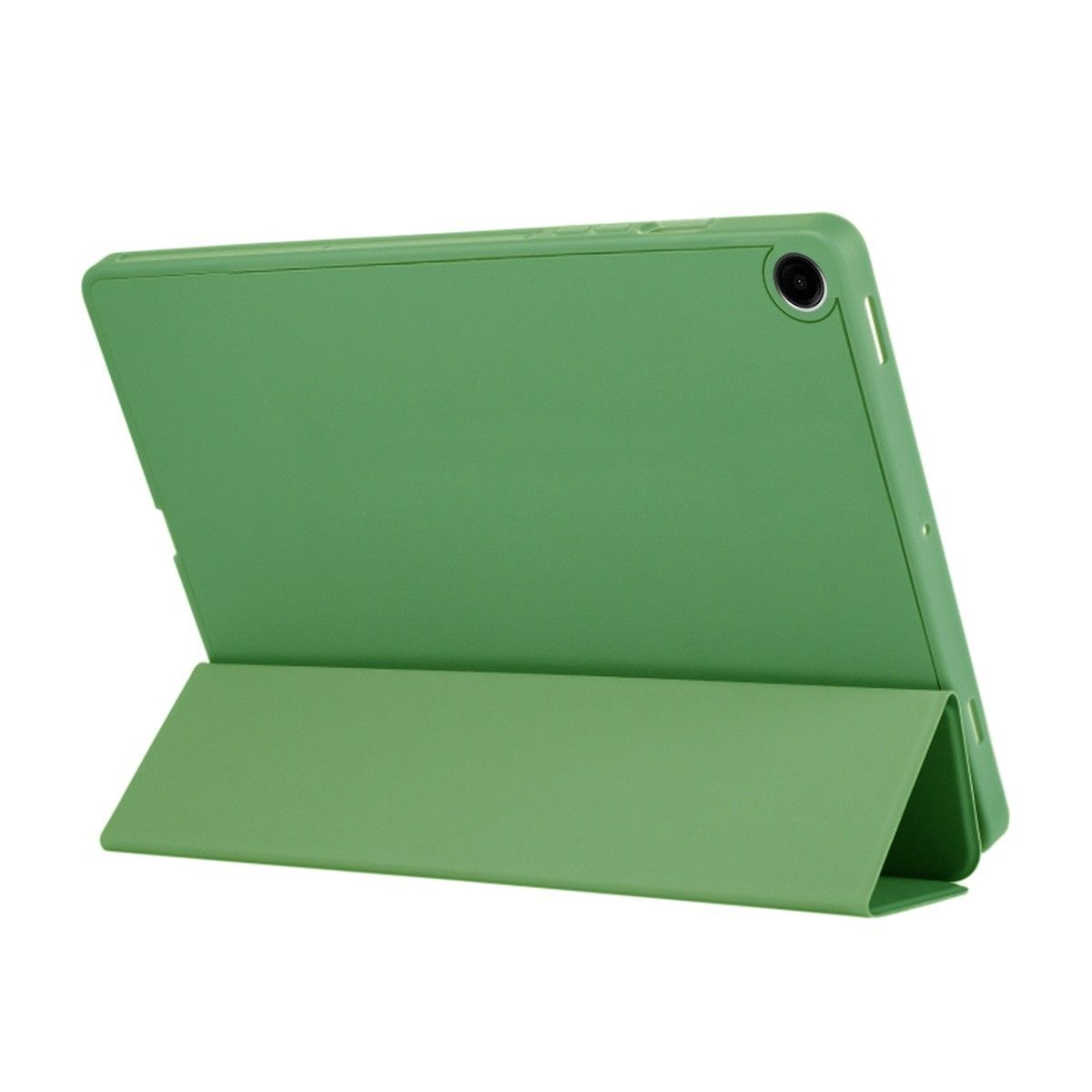 Custodia per tablet verde, aperta, con un tablet all'interno. Il tablet è inclinato verso l'alto.