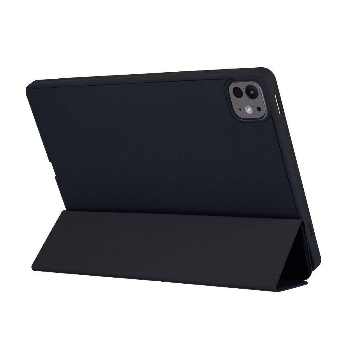 Funda negra para tableta en posición abierta y de pie, mostrando la parte trasera de la tableta.