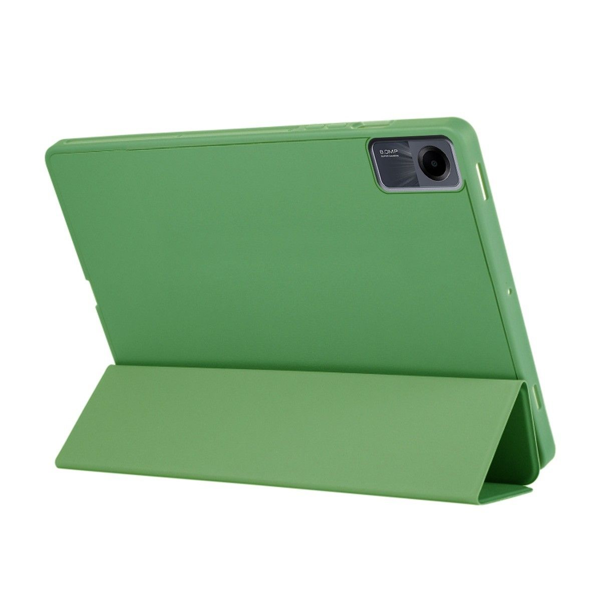 Tableta verde con funda verde abierta. Cámara trasera visible. Fondo blanco.
