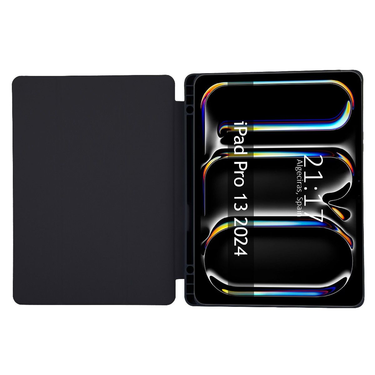 Funda negra para iPad Pro con cubierta abierta, mostrando la pantalla con hora y ubicación.