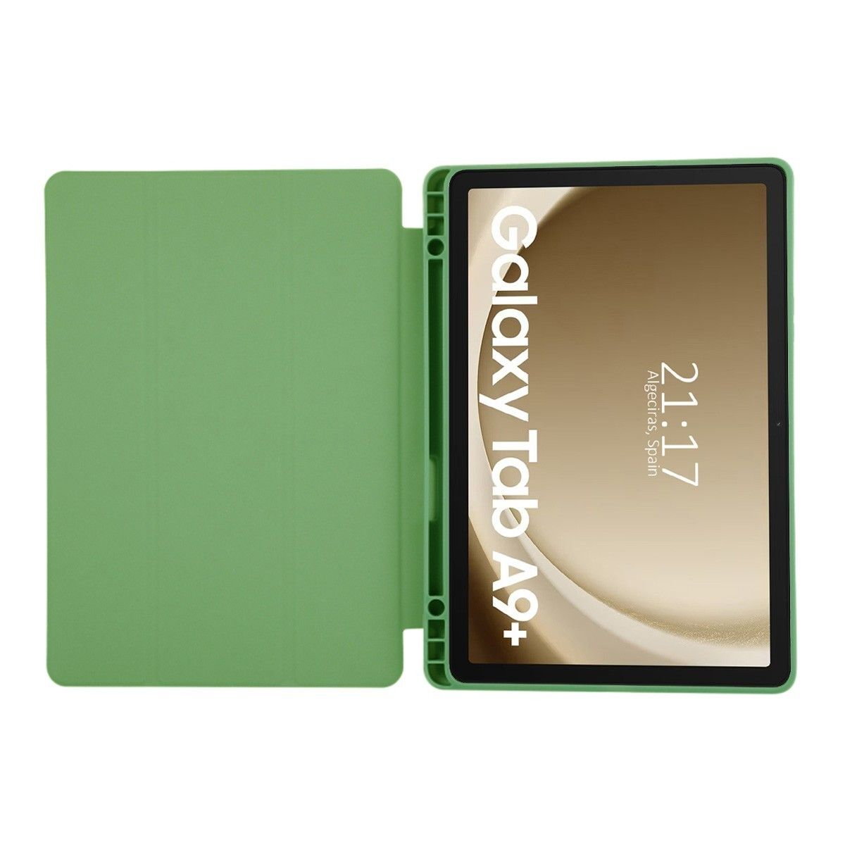 Custodia verde per tablet aperta, che mostra un tablet con il testo 'Galaxy Tab A9+'.