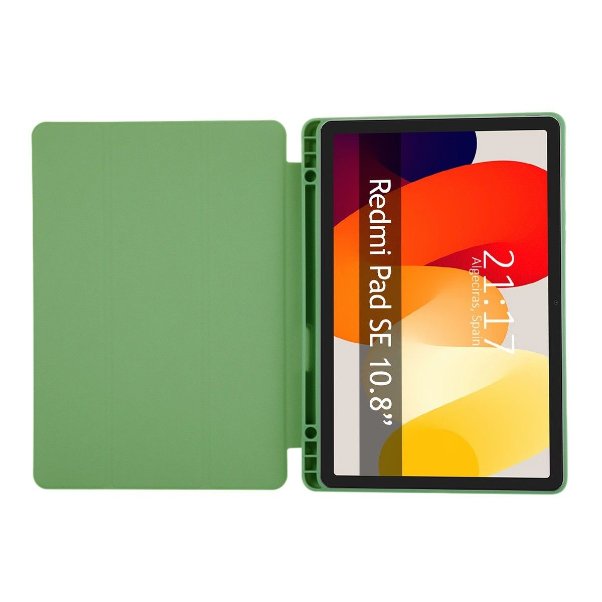 Una tableta verde con una pantalla que muestra un fondo rojo y texto. Una cubierta verde visible.