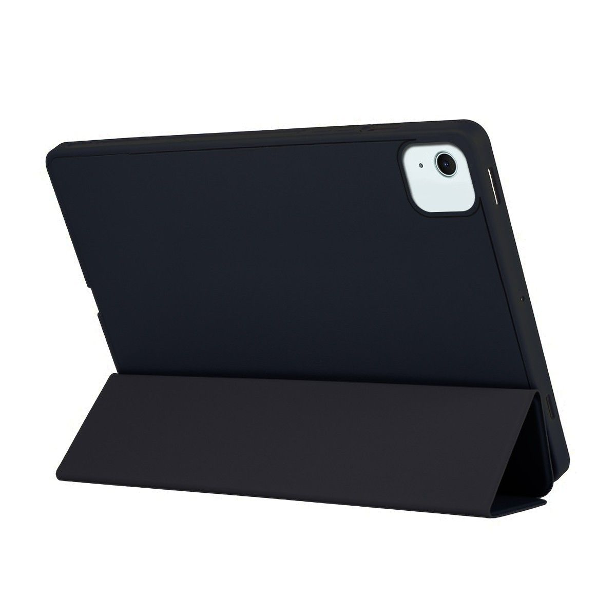Tableta negra en una funda, en ángulo con una tapa plegada. La cámara es visible.