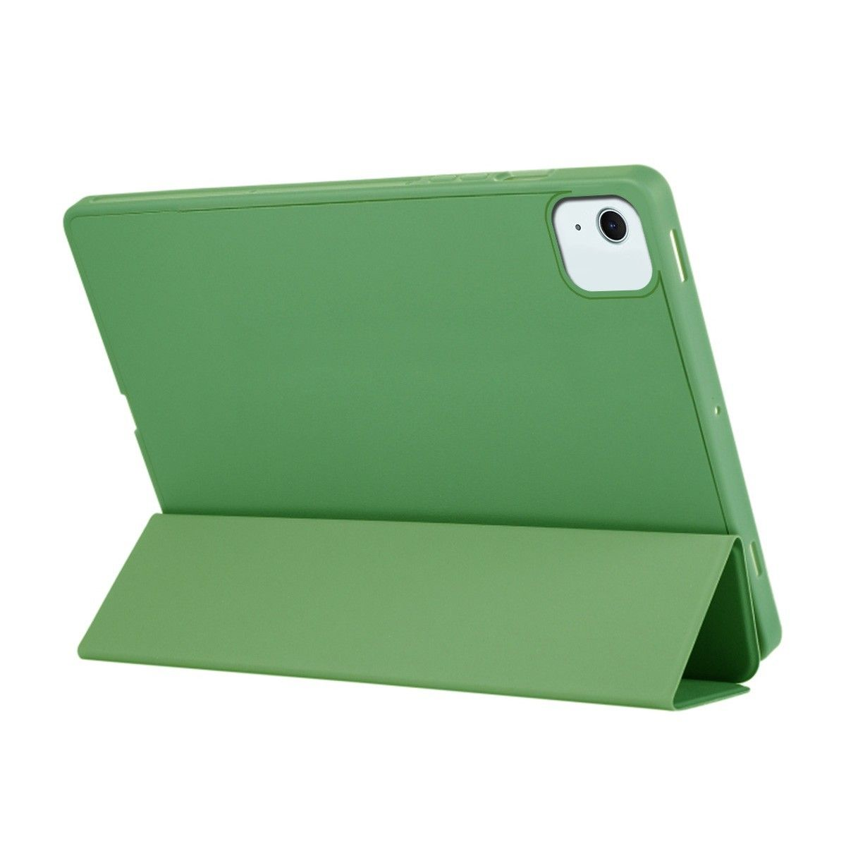 Funda verde para tablet, abierta para soporte. Se ve la parte trasera. Fondo blanco.