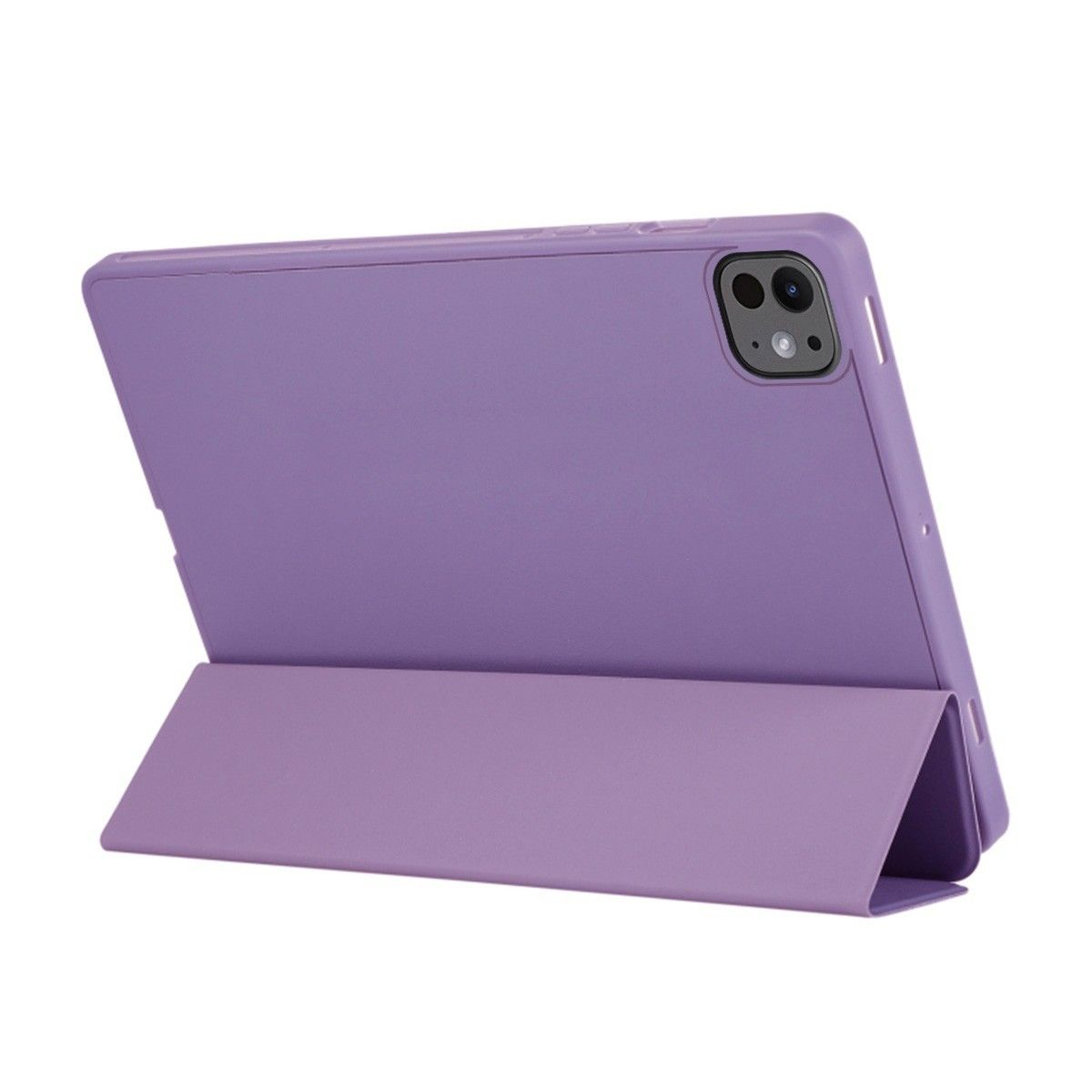 Funda de tableta morada con una tableta dentro, en posición de soporte.